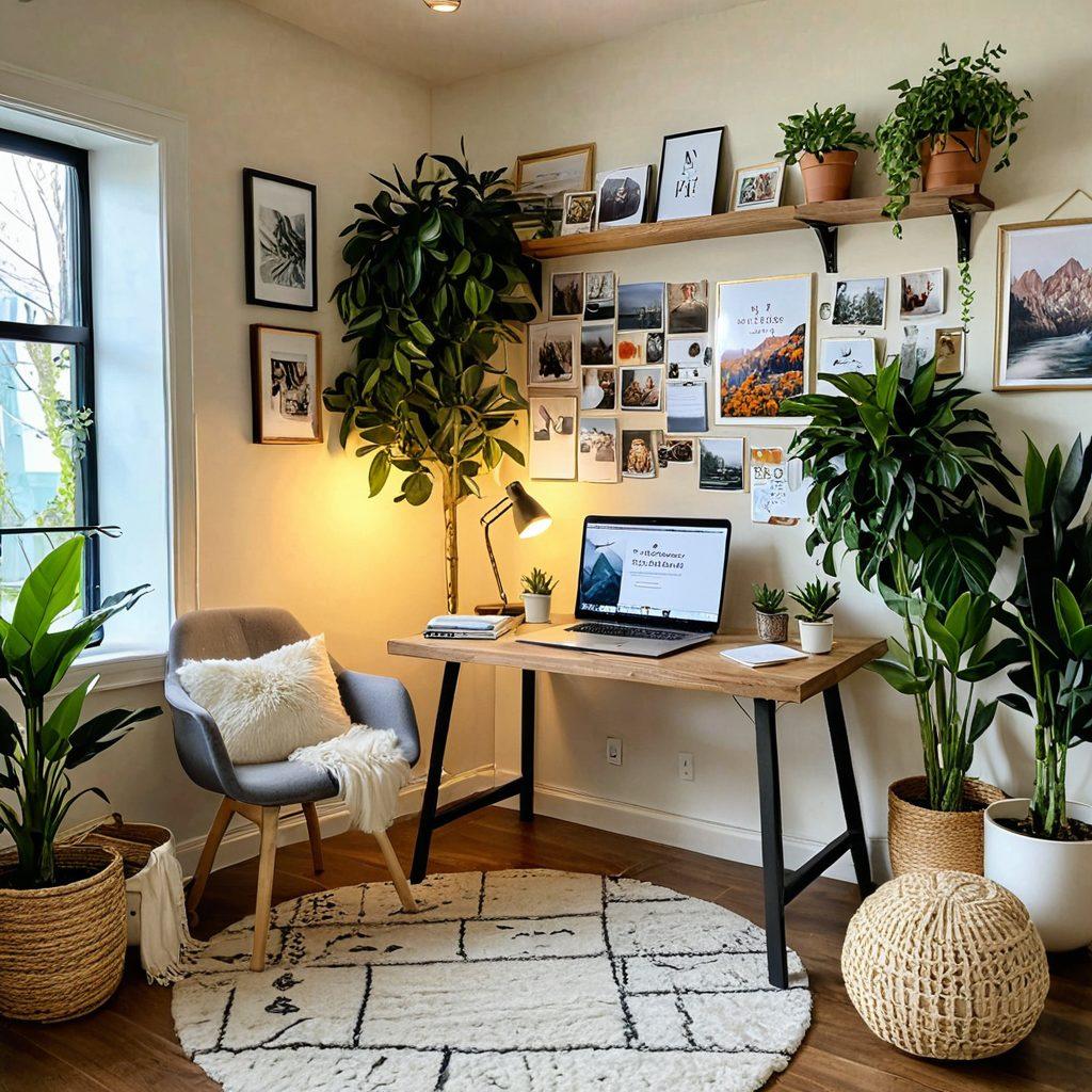 A stylish workspace filled with inspirational quotes, beautiful plants, and a laptop displaying a vibrant lifestyle blog. Surrounding it are elements symbolizing growth such as books, a globe, and a vision board. The overall ambiance is warm and inviting, inspiring creativity and personal development. super-realistic. vibrant colors. cozy atmosphere.