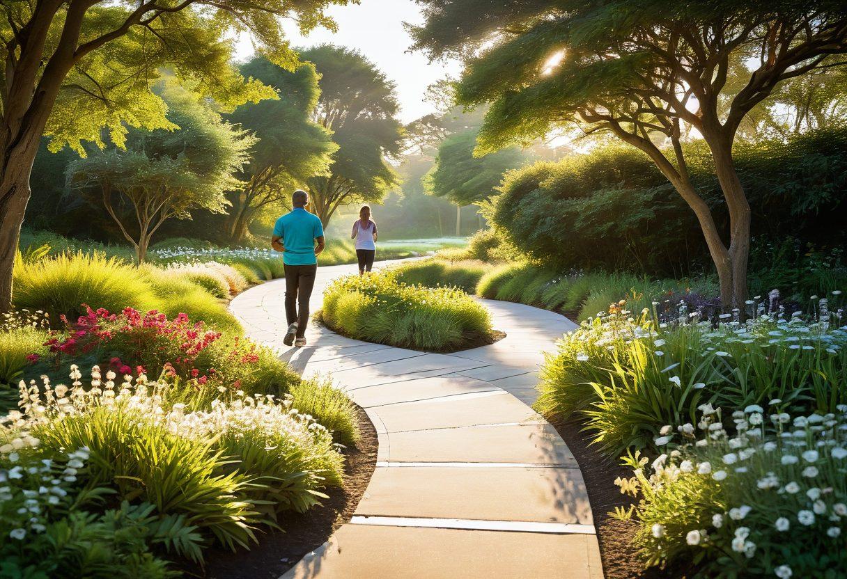 A serene sunrise illuminating a winding path, symbolizing personal growth, with a diverse group of people engaging in various activities like writing, meditating, and exercising along the path. Lush greenery and blooming flowers frame the scene, representing vitality and transformation. Emphasize an open notebook with a pen, inspiring readers to pen down their journey. super-realistic. vibrant colors.