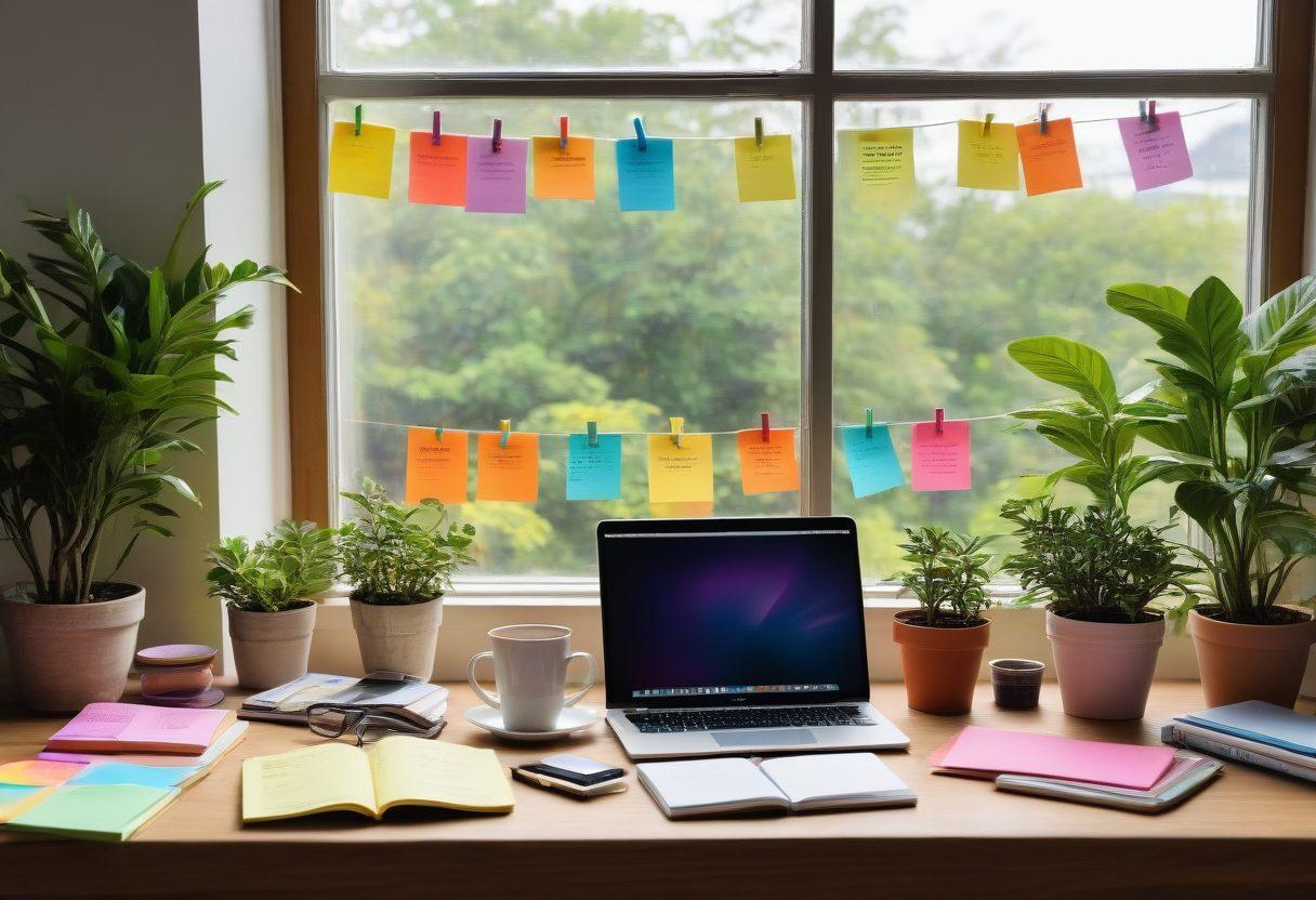 A vibrant workspace filled with an open laptop, a steaming cup of coffee, and colorful sticky notes with motivational quotes. A bright window showcases a beautiful outdoor scene suggesting growth and inspiration. Incorporate elements of a journal open to inspirational writing, surrounded by blooming plants. The atmosphere should evoke creativity and empowerment. super-realistic. vibrant colors. natural lighting.